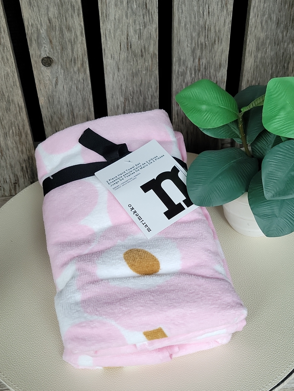 Marimekko Unikko Pink Floral Hand Towel Duo with Gold Center Accents